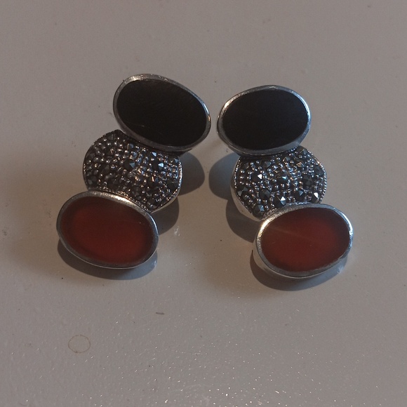 Vintage Art Deco Sterling Silver Earrings Black Onyx, Marcasite and Carnelian. - Picture 2 of 4